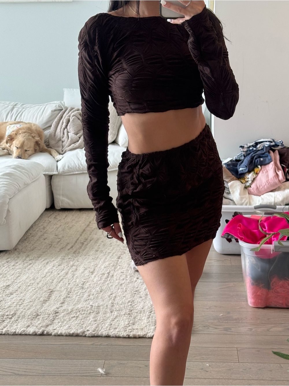 PrettyLittleThing Chocolate Brown Textured Long Sleeve Crop Top & Mini Skirt Set